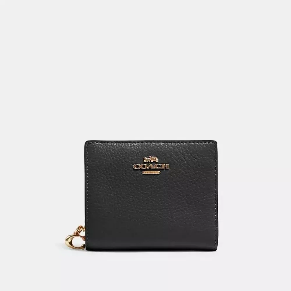NEW Coach Designer Black Leather Snap Wallet with Gold Accents